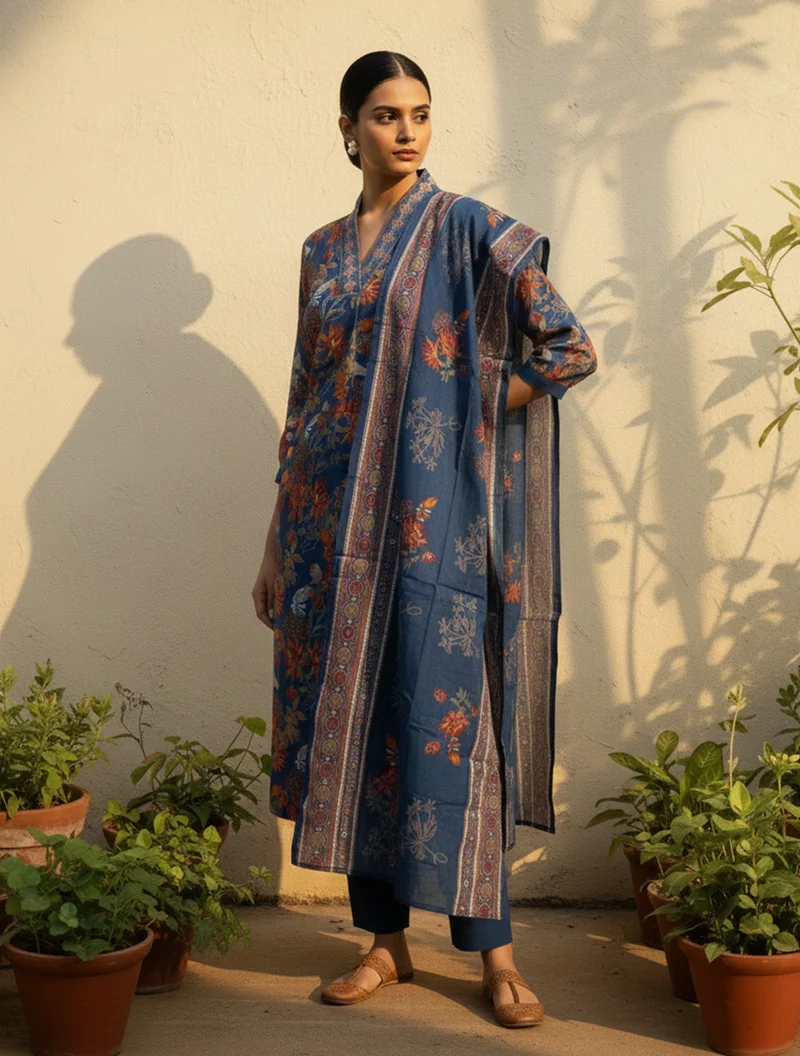 ترو برونز trueBrowns Blue Floral Print Embroidered Kurta Pant Dupatta Set